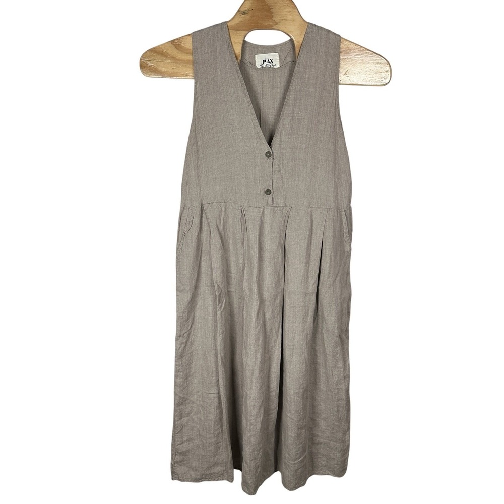 FLAX Englehart Linen Maxi Midi Dress Medium Beige Pockets Lagenlook Cottagecore